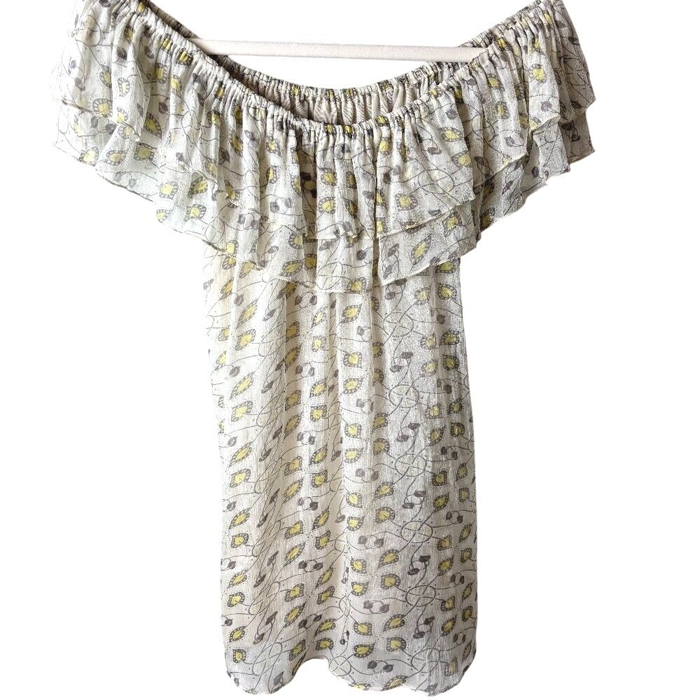 Crystal Candy Off-Shoulder Ruffle Blouse Yellow Gray Print